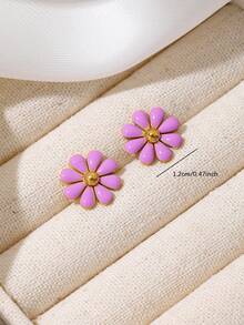 一对时尚不锈钢多色滴油花朵耳钉，甜美少女耳饰 - 小雛菊 - 查看 4