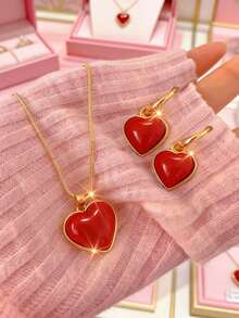 3件套复古优雅时尚红色心形吊坠项链耳环二合一首饰套装，个性化简约高端Y2K甜美首饰，适合节日、送礼、日常佩戴、度假、派对、约会、母亲节等场合（不含包装盒） - 彩色 - 查看 6