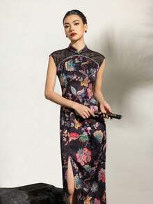 女士优雅无袖蕾丝拼接提花花卉开衩高低摆旗袍连衣裙 - 现代中式正式礼服，适合婚礼、晚宴、公司活动、外交招待会和文化庆典 | 修身剪裁，尽显优雅气质 - 黑色 - 查看 6