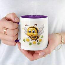 1pc Hardworking Bee Design Mug - 11oz Ceramic Coffee & Tea Cup With Cute Cartoon Bee, Daisies & Polka Dot Pattern - Perfect Gift For Elderly Men, Women, Birthdays, Mother's Day, Father's Day, Christmas, Bee Decorations For Home, Everyday Drinkware, Cheerful Kitchenware, Durable Drinkware - 紫色 - 查看 4