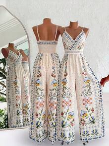 Women's Floral Print Jumpsuit: Boho Ruffled V-Neck Romper With Smocked Waist & Wide Leg. Perfect For Music Festivals, Beach Vacations, Garden Parties, Or Summer Wedding Guest Outfits. - 混合色 - 查看 3