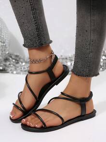 Women's Slip-On Criss-Cross Flat Sandals With Round Toe, Slip-On, Suitable For Summer, Beach, Ramadan - Black - View 4