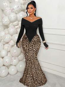 AIJ Amarilo Black & White Patchwork Sexy Off-Shoulder Ruffle Hem Long Sleeve Asymmetrical Pleated Waist Fitted Elegant Maxi Party Dress, Made Of Stretchy Knit Fabric, Suitable For Christmas, New Year, Graduation, Gala, Autumn/Winter Occasions - Brown - View 1