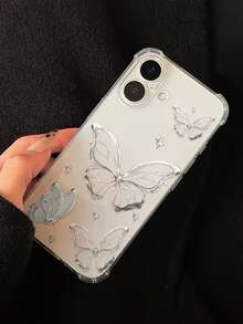 Silver Butterfly Luxury Shockproof Transparent Protective Case Compatible With IPhone 17/17Pro/17ProMax/16/16ProMax/16Plus/16Pro/15/15ProMax/15Plus/15Pro, Women/Girls Phone Case, Cute Phone Case - Clear - View 2