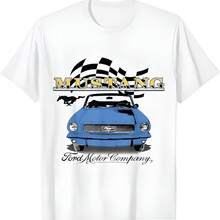 Fords - Vintage Blue Mustang Convertible Car Checkered Flag T-Shirt - 白色 - 查看 1