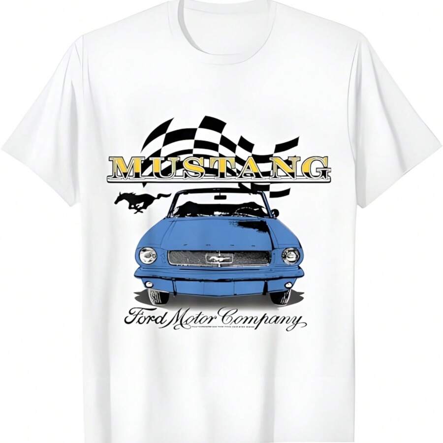 Fords - Vintage Blue Mustang Convertible Car Checkered Flag T-Shirt - 白色 - 查看 1