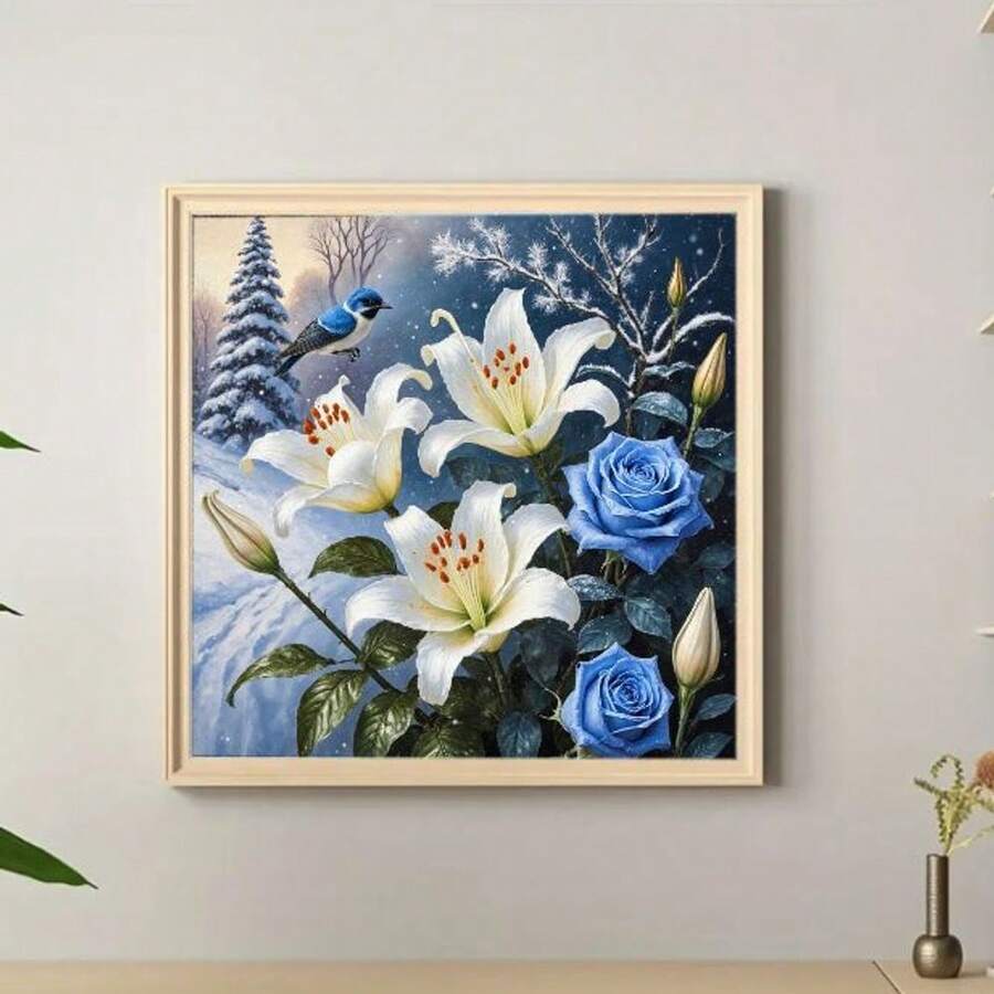 5D钻石画 DIY 冬季花雪景蓝鸟，全钻圆形钻石手工墙饰，包含白色百合、蓝色玫瑰和蓝鸟雪景，是送给朋友的理想礼物，有助于放松身心、缓解压力。 - 彩色 - 查看 1