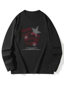 Women's Loose Fit Letter Print Long Sleeve Cotton T-Shirt, Versatile For Spring And Autumn - Black - View 4