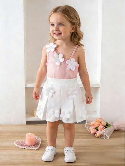 This 2-Piece Set Includes A Fashionable And Cute 3D Floral Decor Midi Skirt And A Camisole Top, Designed For Young Girls. The Camisole And Pleated Skirt Are Made Of Soft, Comfortable Knit Fabric. This Sweet And Casual Vacation-Style Outfit Is Suitable For Girls To Wear For Outdoor Activities, School, Cycling, Street Style, Parties, Valentine's Day Gifts, And Various Occasions In Spring And Summer.