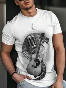 男士白色T恤，印有吉他和麦克风图案 - 轻便耐穿，适合音乐爱好者 - 适合酒吧、录音室、休闲穿着和日常活动 - 舒适款式，四季皆宜，音乐主题T恤 - 白色 - 查看 2