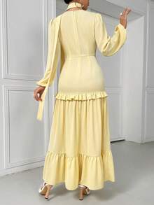 Women's Elegant Flounced Splice Cinched Waist Flare Sleeve Dress,Spring/Summer - Yellow - View 2