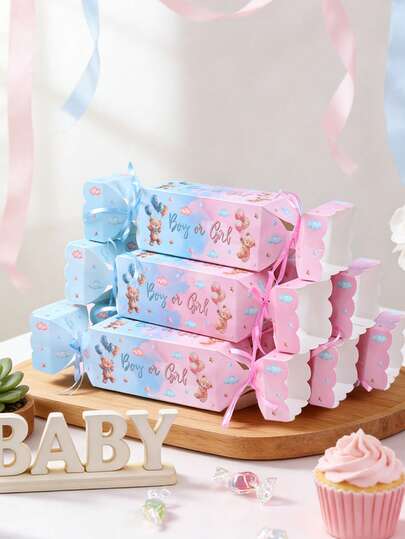 Conjunto de 6 caixas de presente para chá revelação com ursinhos rosa e azul, caixas de doces com estampa de ursinho de pelúcia, caixas para embalagem de presentes de festa de 1º aniversário, caixas de lembrancinhas para chá de bebê, caixas para guloseimas, artigos para festa revelação de gênero (menino ou menina), artigos para embrulho de presentes para cozinha e confeitaria, caixas para lanches, artigos para festa de aniversário, decoração para chá revelação, decoração para chá de bebê, presentes para chá revelação, decoração de mesa para festa de recém-nascido