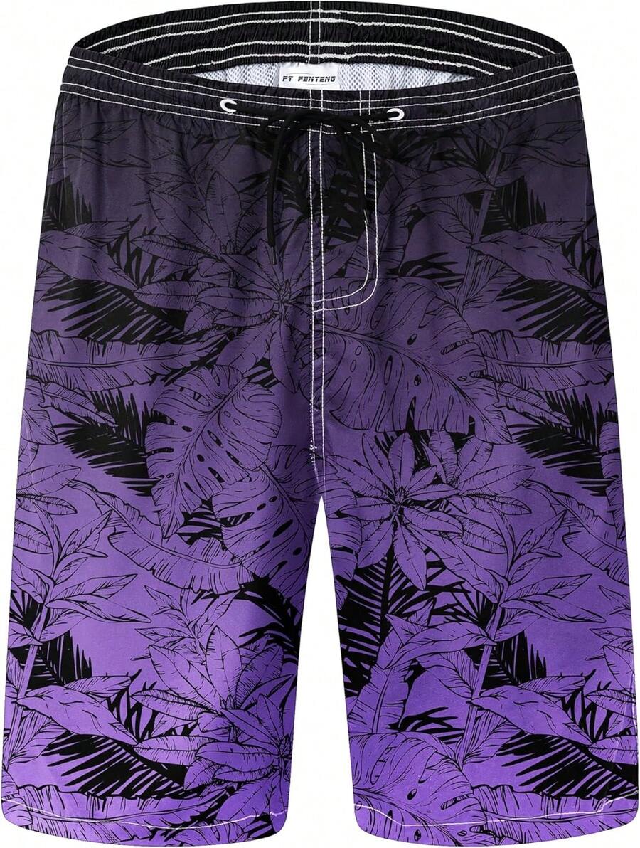 Mens Swim Trunks Quick Dry Board Shorts With Mesh, Breathable Fit Hawaii Beach Shorts Swimwear Bathing SuitsA Valentine's Day TOYA - Purple Leaves - View 1