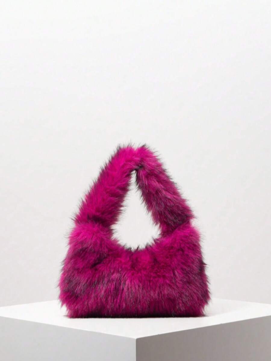 Solid Fluffy Soft Candy Color Satchel Bag, Y2K Style Faux Fur Tote Bags For Ladies, Party Bag, Party Dresses For Women, Winter Fur Purse, Suitable For Commuting, Work, Gatherings, Parties, Perfectly Matching With Fall Outfits Womenfall Clothes For Women, New Arrival Fur Bag For Women - Màu hồng đậm - Xem 1