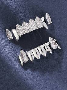 1-2件朋克嘻哈风格镀金铜锆石牙套，吸血鬼牙齿装饰，男女皆宜，适合日常佩戴和角色扮演派对 - 無色 - 查看 9