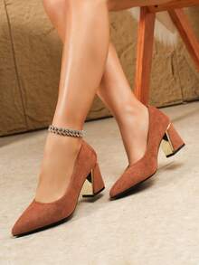 大码女式性感尖头粗跟高跟鞋，休闲派对优雅百搭尖头粗跟高跟鞋，性感派对尖头粗跟高跟鞋，购物必备尖头粗跟高跟鞋 - 棕色 - 查看 3
