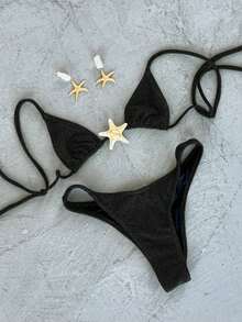 海岛度假风奢华黑色亮片海星比基尼，挂脖系带高弹亲肤泳衣，浪漫约会装扮 - 黑色 - 查看 1