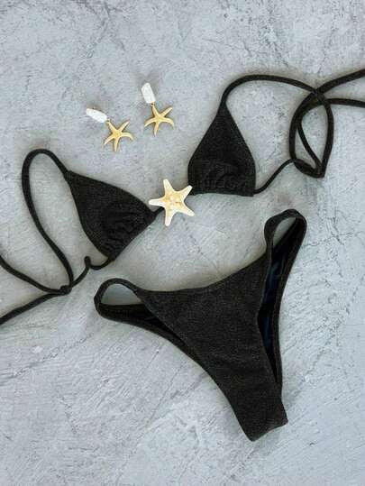 海岛度假风奢华黑色亮片海星比基尼，挂脖系带高弹亲肤泳衣，浪漫约会装扮