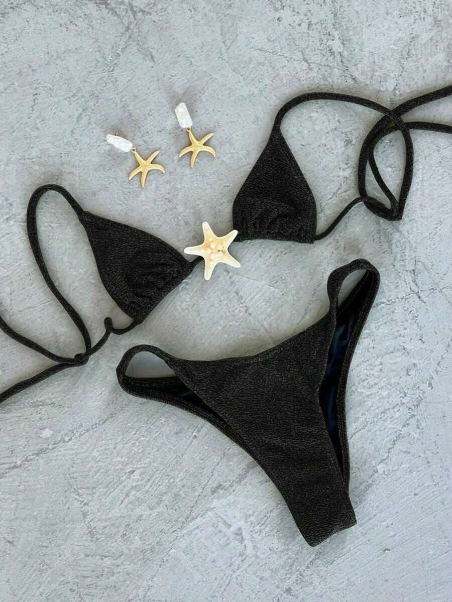 海岛度假风奢华黑色亮片海星比基尼，挂脖系带高弹亲肤泳衣，浪漫约会装扮 - 黑色 - 查看 1