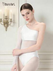 DonsGirl 1pc Swan Lake Ballet Leotard For Women, Sparkly Sequin & Mesh Patchwork, Asymmetric Design, Single Sleeve With Finger Ring, Ideal For Recital/Party Gift - White - View 5