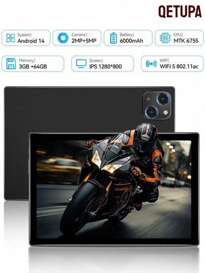 Qetupa 10.1英寸M19安卓14平板电脑，3GB运行内存+64GB机身存储，MTK 6755四核1.6GHz处理器，高清(1280x800) IPS触控屏，支持蓝牙5.2和802.11ac WiFi 5，GPS，200万像素前置摄像头和500万像素后置摄像头，6000mAh大容量电池，是圣诞节和生日的理想礼物，不支持SIM卡。