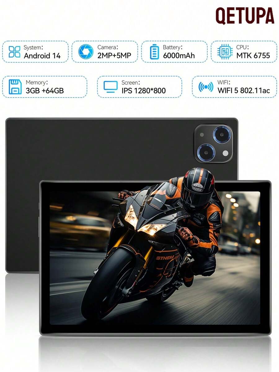 Qetupa 10.1 Inch M19 Android 14 Tablet PC, 3GB RAM + 64GB ROM, MTK 6755 Quad-Core 1.6GHz Processor, HD (1280x800) IPS Touchscreen, Supports Bluetooth 5.2 And 802.11ac WiFi 5, GPS, 2MP Front Camera And 5MP Rear Camera, 6000mAh Large Battery, Best Gift For Christmas And Birthday, Does Not Support SIM Card - Black - View 1