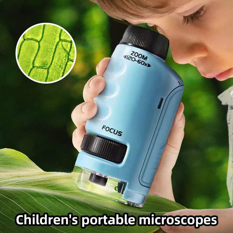 This Handheld Mini Microscope Toy For Children Features An LED Light, 60X-120X Magnification, And Is A Perfect STEM Education Tool. Portable And Suitable For Outdoor Exploration, It's A Perfect Christmas And Halloween Gift For Children And Teenagers. - Blue - View 1