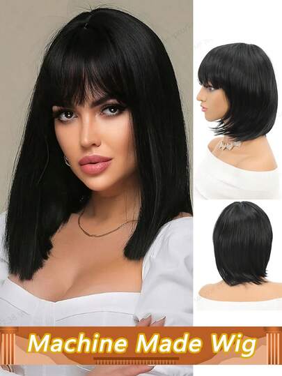 骨直短波波头真人发假发，带刘海，中分，无需胶水，真人发，即戴即用，中分波波头蕾丝假发，逼真头皮，巴西直发波波头假发，180%密度