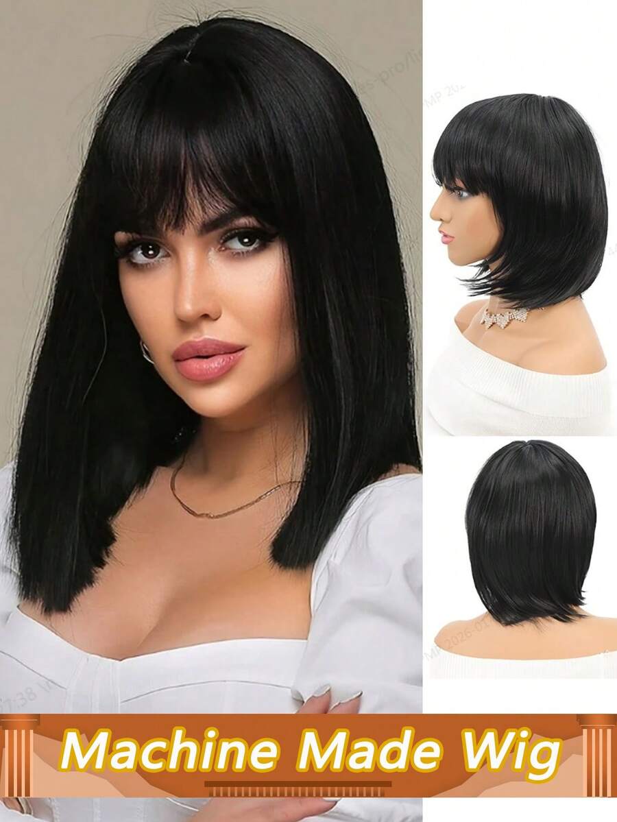 骨直短波波头真人发假发，带刘海，中分，无需胶水，真人发，即戴即用，中分波波头蕾丝假发，逼真头皮，巴西直发波波头假发，180%密度 - Natural Black - 查看 1