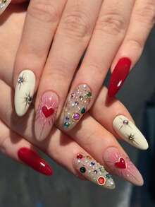 24pcs Short Almond Shaped False Nails, Valentine's Day Red Heart Rhinestone Starry Design, Full Coverage Removable Nail Art Set, Suitable For Women Party, Ball, And Daily Wear