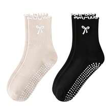 2双装防滑普拉提袜，棉质透气瑜伽袜，高弹吸湿排汗中筒袜，女士款 - 彩色 - 查看 2