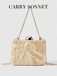 女士亚克力晚宴手拿包，大理石纹硬壳链条单肩包，优雅婚礼派对手提包，女士钱包，女士礼物 - 香檳色 - 查看 2
