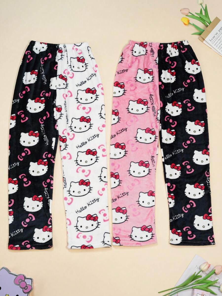 2pcs Sanrio Authorized Flannel Pajamas, Cute Hello Kitty Women Casual Lounge Pants, Pink Cartoon KT Print, Fashionable Autumn Sleepwear - Multicolor - View 1