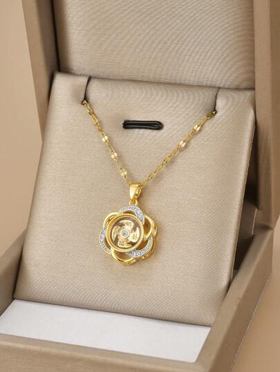 1pc Fashionable Rotating Rhinestone "Smooth Sailing" Stainless Steel Necklace For Women, Auspicious Meaning, Gold Jewelry, Summer Accessory, Gold Necklace, Gift, Summer