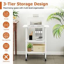 COSTWAY Height Adjustable Printer Stand, 3-Tier Printer Cart With Storage Shelves & Locking Wheels, Rolling Storage Rack, Heavy-Duty Mobile Machine Stand For 3D Printer Scanner Fax Machine, Brown/Black/White - Blanco - Ver 4