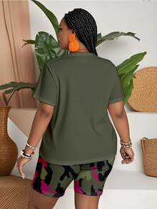 Short Sleeve Shorts Plus Size Set Green Camouflage Pink Print Casual Sportswear For Women - 彩色 - 查看 3