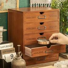 Organizador de escritorio de madera vintage con 5 cajones, caja de almacenamiento rústica para el hogar y la oficina. - Marrón - Ver 2