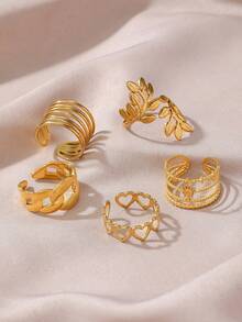 5pcs Stainless Steel Fashionable Leaf Geometric Pattern Open Rings, Suitable For Women's Daily Wear - Yellow Gold - View 7