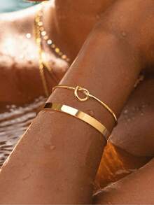 2pcs Stainless Steel Bangle Set, Fashion Simple Heart Knot Open Cuff Bangle, Smooth Open Cuff Bangle, Lightweight Luxury Tarnish Resistant Bracelet, Suitable For Girls And Women - Gold - View 5