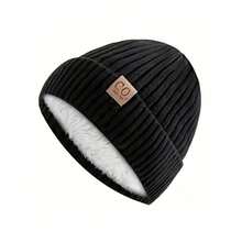 Men's Retro Winter Knit Hat - Thickened Fleece-Lined Earmuffs For Warmth, Navy Blue/White/Patterned Patches, Soft And Fluffy Lining - Durable Beanie For Winter Fitness, Outdoor And Everyday Use, Hand Washable, Comfortable Design, Reinforced Stitching Stripes, Casual Sports Headwear, Retro Style, Suitable For Outdoor Enthusiasts - 黑色 - 查看 10