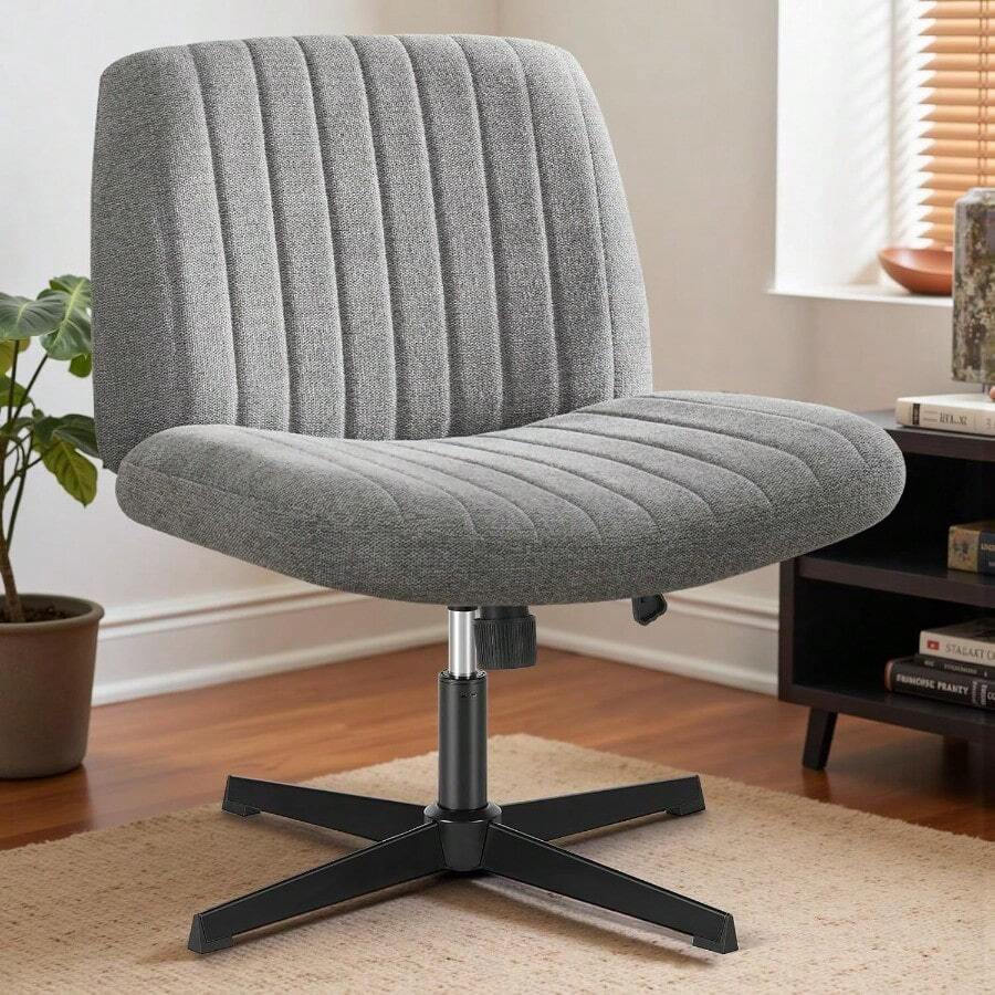 DUMOS Desk Chair No Wheels, Criss Cross Chair Wide Cross Legged Office Desk Vanity Comfy Chair, Armless Adjustable Swivel Chairs For Home Computer Task Beige - Vải màu xám - Xem 1