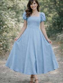 Vestido Midi Romântico com Manga Bufante e Saia Rodada