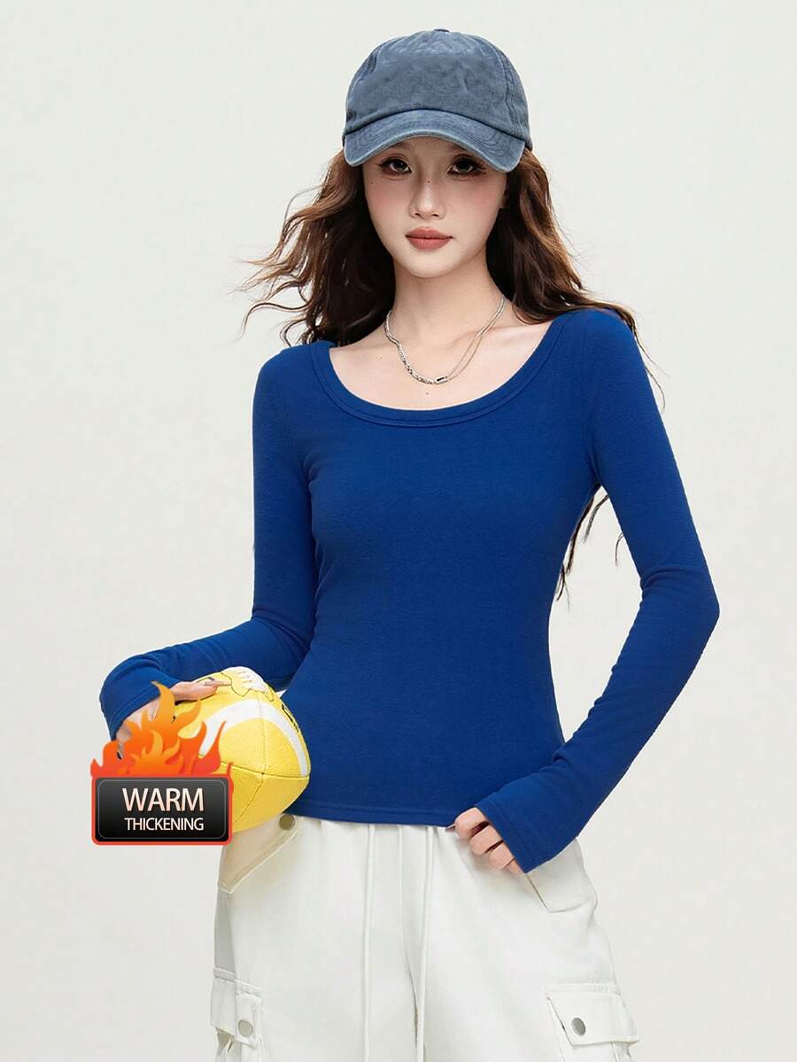 女士双面抓绒休闲套头衫，年轻优雅的圆领设计，百搭，2025冬季款 - 183亮藍色 - 查看 1