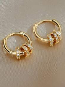 1 Pair Women's Gold Hoop Earrings, Interchangeable Geometric Earrings, Detachable Diamond Waist Chain, 18K Gold Plated, 3 Wearing Styles In 1 Pair - Yellow Gold - View 1