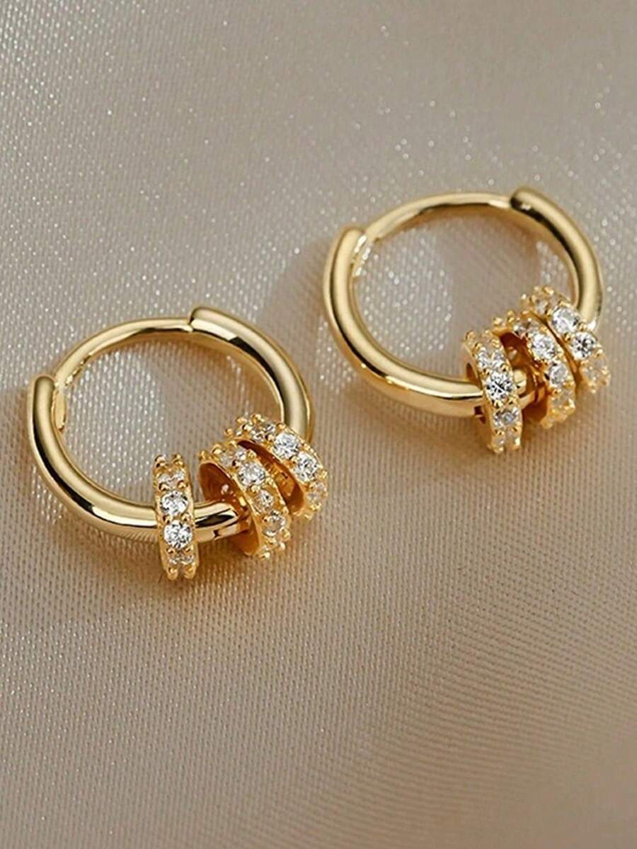 1 Pair Women's Gold Hoop Earrings, Interchangeable Geometric Earrings, Detachable Diamond Waist Chain, 18K Gold Plated, 3 Wearing Styles In 1 Pair - Yellow Gold - View 1