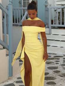 Women's Elegant Off Shoulder Maxi Dress, Draped Sleeveless High Split Evening Party Dress Wedding Spring - Yellow - View 4