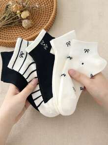 1/5 Pairs Women Cute Breathable Striped Bow Polka Dot Pattern Ankle Socks, Moisture-Wicking, Suitable For Casual Daily Wear, Spring/Summer - Multicolor - View 3