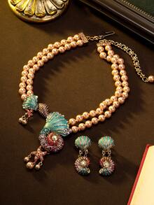 复古贝壳吊坠项链耳环套装，优雅奢华的3D设计珠宝，采用仿古镀金、铜合金和宝石点缀，适合日常佩戴、派对、宴会、特殊场合，也是情人节和母亲节的贴心礼物。 - 彩色 - 查看 2