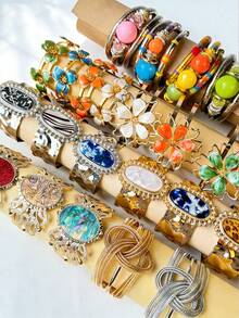 20/15/12/10/7/5/3/1件 随机颜色 全息树脂石豹纹复古优雅奢华宫廷珐琅滴油花朵金属手镯，镂空花朵蝴蝶手镯 - 彩色 - 查看 2