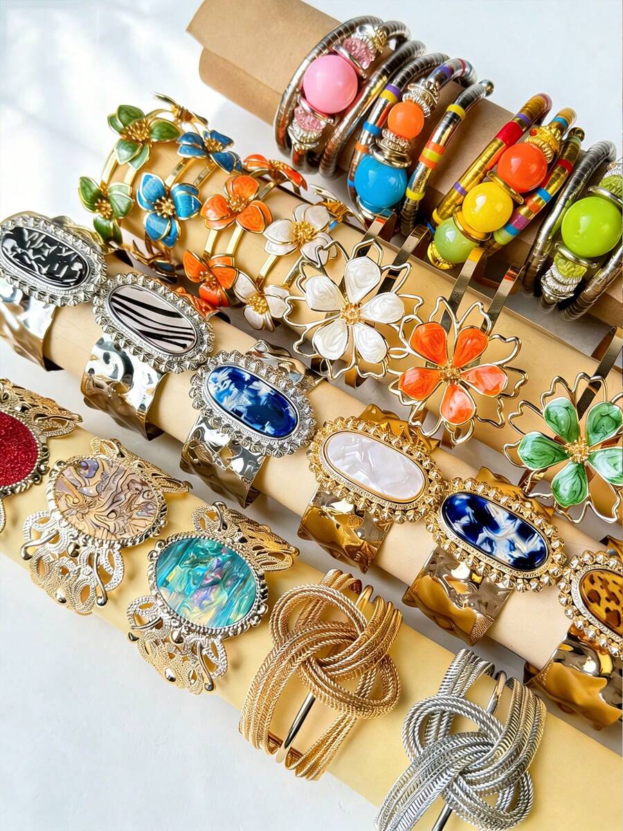 20/15/12/10/7/5/3/1件 随机颜色 全息树脂石豹纹复古优雅奢华宫廷珐琅滴油花朵金属手镯，镂空花朵蝴蝶手镯